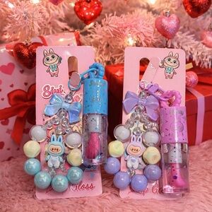 Labubu Lip Gloss Keychain Set – 2 Pack | Cute Beaded Charm Glosses